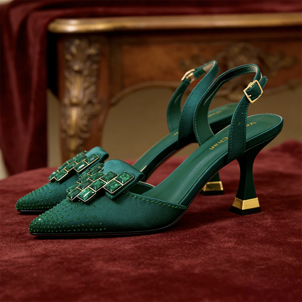 Venus Chan 2026 Elegant Green Slingback Heels with Rhinestones – Italian Design, Pointed Toe Bridal & Evening Party Footwear