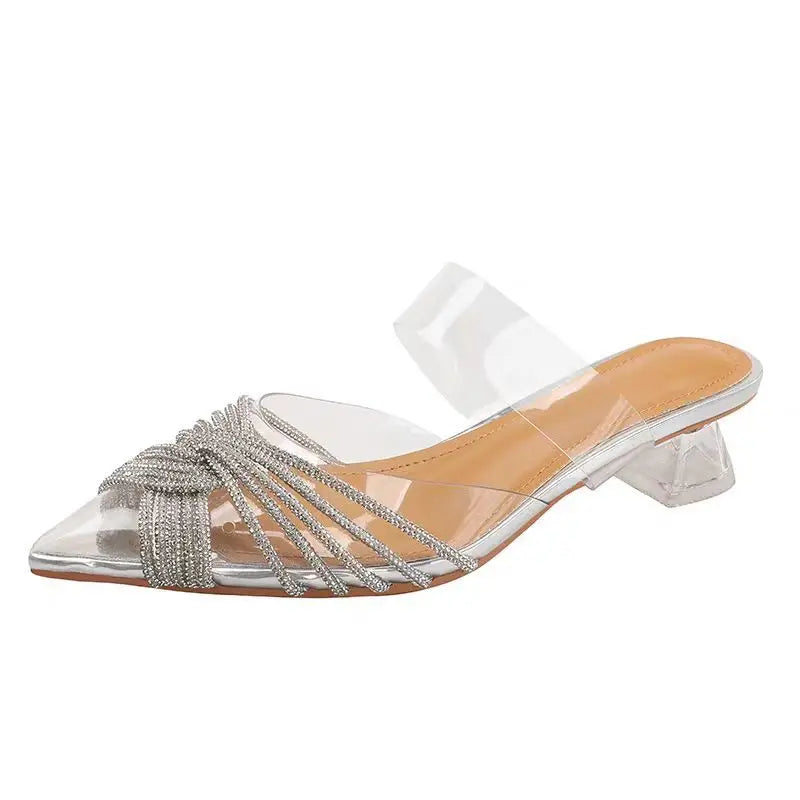 Rhinestone Sandals Women High Heels Summer Sexy Pointed Rear loop strap Stiletto Wedding Shoes Bride Small Size 34-40