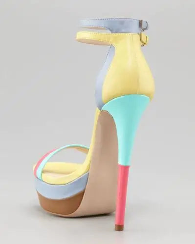 Yellow Blue Pink Mixed Color Leather Open Toe Platform Cover Heel Summer Sandals Women Stiletto Heel Ankle Buckle Party Shoes