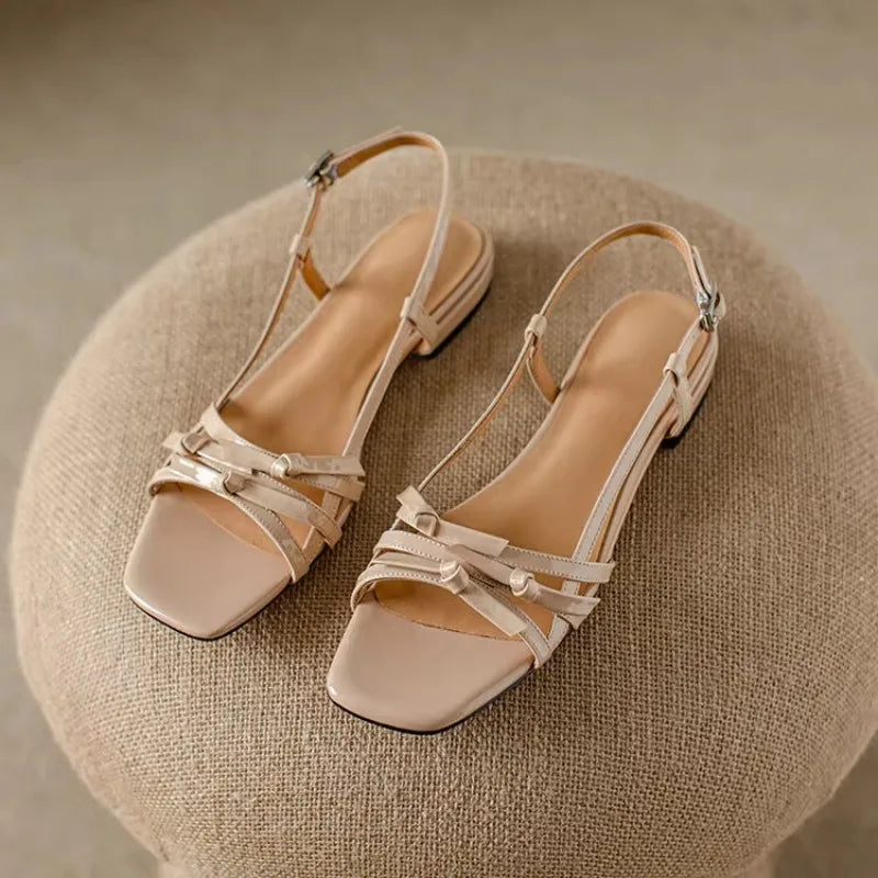 2025 New Stunning Designer Square Toe Single Side Butterfly Red Sandals Summer New Low Heeled Women's Sandals