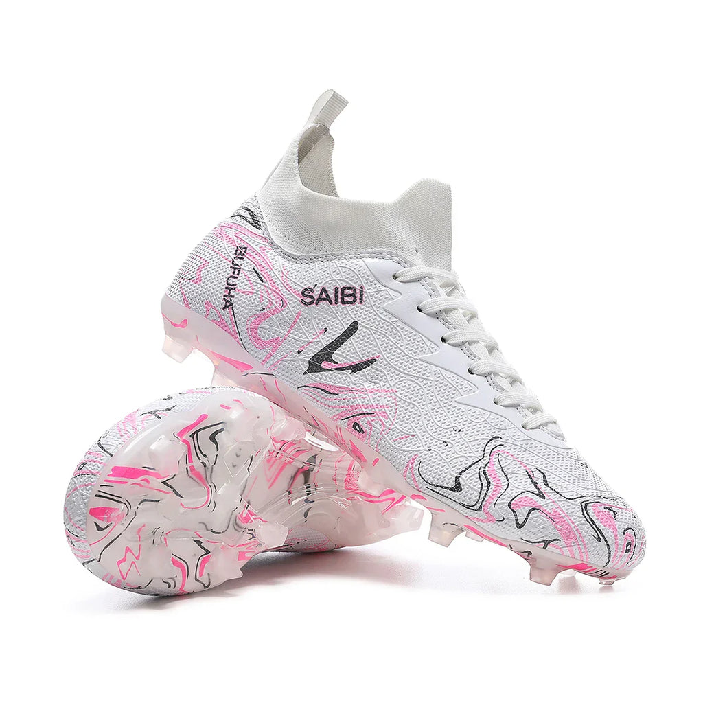 High-top football boots with long FG studs and TF studs,suitable for both men and women,featuring breathable and non-slip design