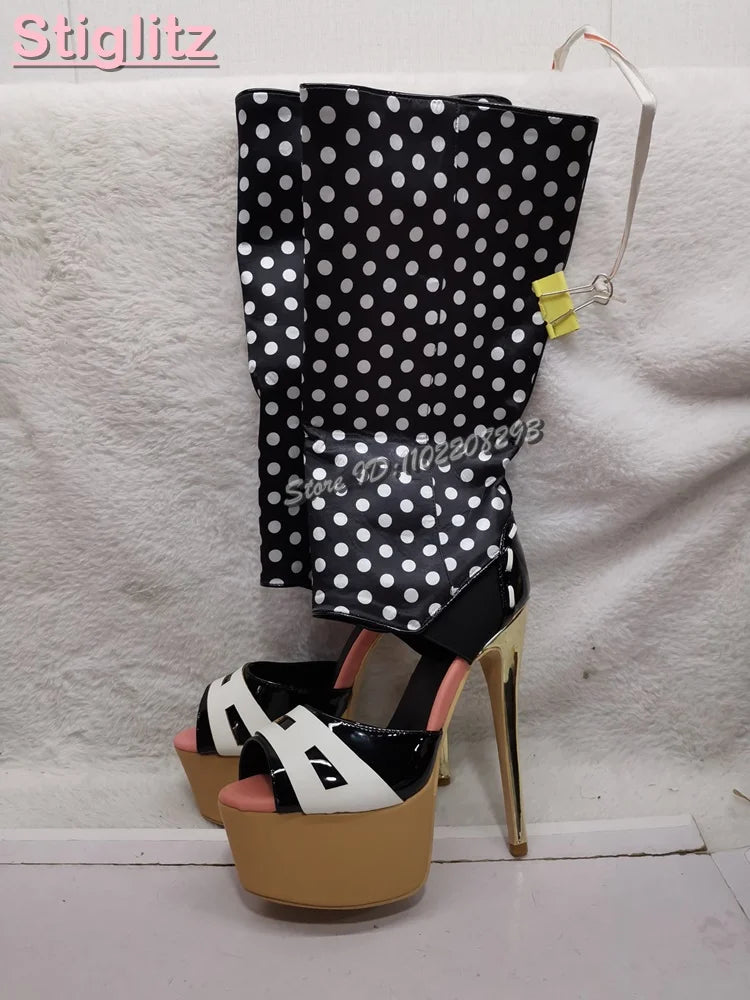 Sexy Polka Dots Knee-high Sandals Patchwork Leather Peep Toe Metal Heel Summer Boots 2026 Summer New Fashion Stiletto Women Shoe
