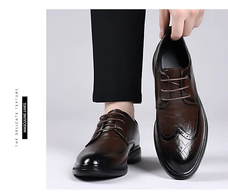 2026 Spring Autumn New Brogue Shoes for Men Solid Color Leather Dress Shoes Male Fashion Business Casual Wedding Shoe Man