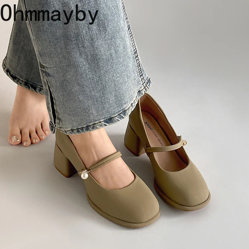Thick Heel Women Mary Jane Shoes Fashion Shallow Square Toe Slip On Shoes Ladies Outdoor Party Dress Pumps