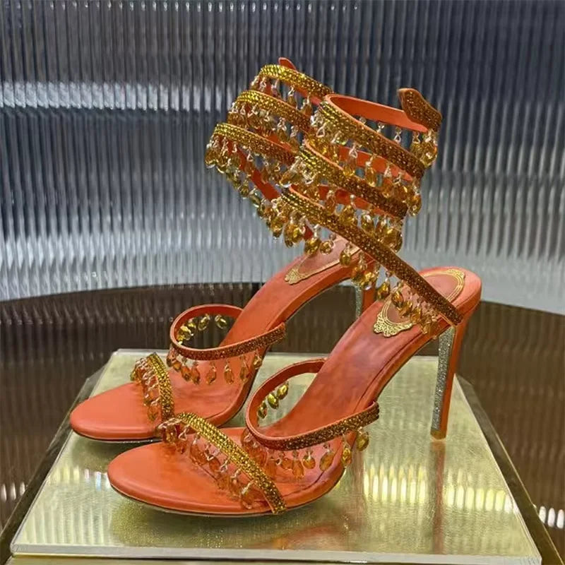 Sexy High Heels Gladiator Sandals Women Crystal String Bead Snake Twine Around Ankle Strap Wedding Shoes Summer Sandals Woman