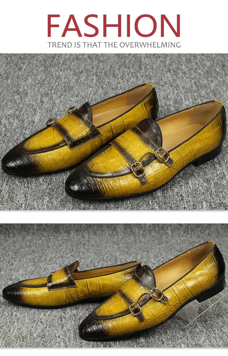 Men Loafers Double Monk Strap Slip on Fashion Casual Penny Footwear Business Wedding Evening Genuine Leather Crocodile Printing