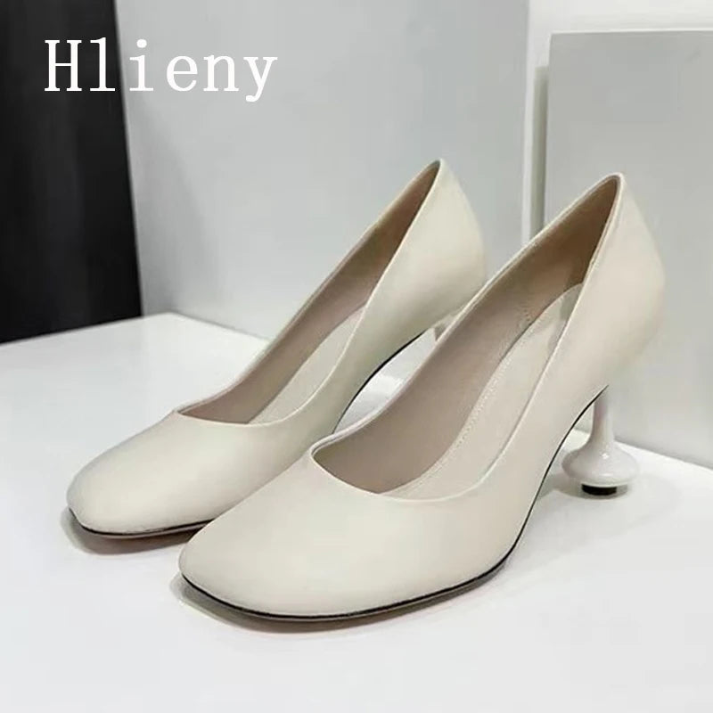 Hlieny Star Style Fashion Square Toe Soft Leather Women Office Pumps Strange High Heels Party Dress Ladies Shoes Black White