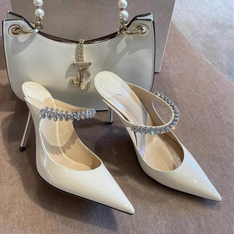 2026 New Fashionable Fine Heeled Muller Shoes with Pointed Water Diamond Chain Banquet Shallow Mouth Women's High Heel Sandals
