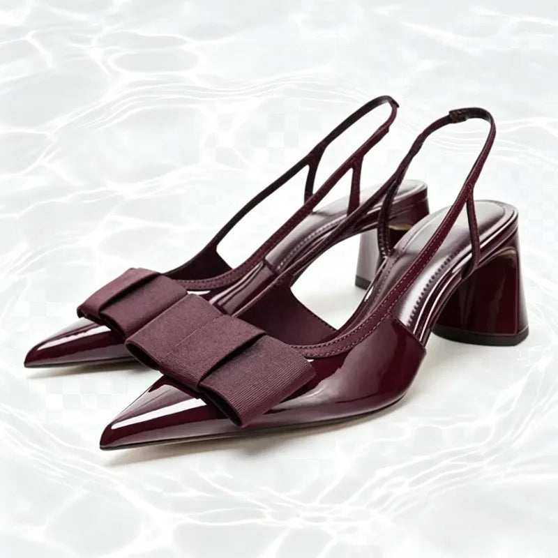 Sexy Burgundy Patent Leather Pointed Toe Pumps Women Fashion Bow Slingback Brand Designer Shoes Elegant Cozy Banquet Dress Shoes