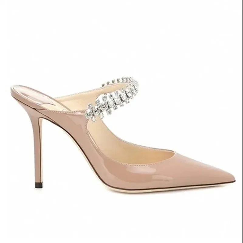 2026 New Fashionable Fine Heeled Muller Shoes with Pointed Water Diamond Chain Banquet Shallow Mouth Women's High Heel Sandals