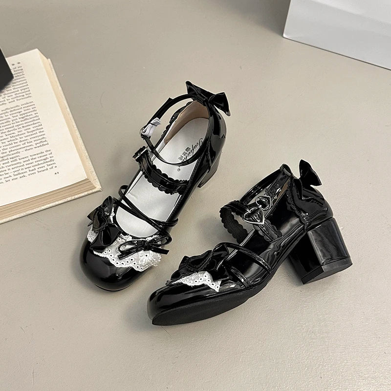 Butterfly-knot Lolita Women Mary Jane Shoes Elegant Round Toe Thick Heel Shoes Ladies Fashion Dress Pumps