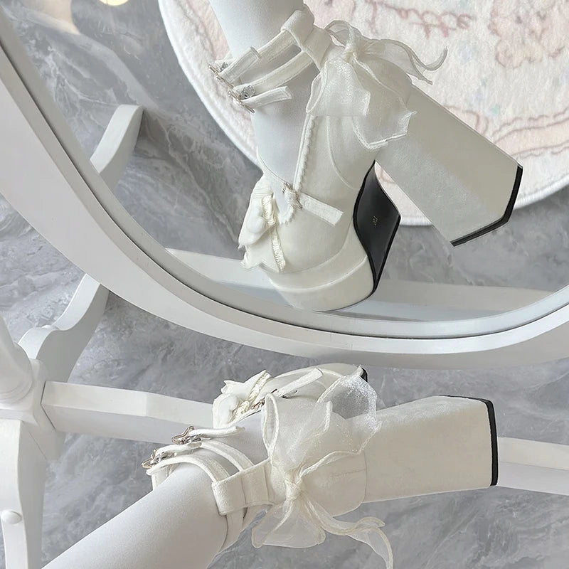 Platform High Heel Women Lolita Shoes Fashion Shallow Butterfly-knot Shoes Ladies Party Dress Cross Strap Pumps Shoes
