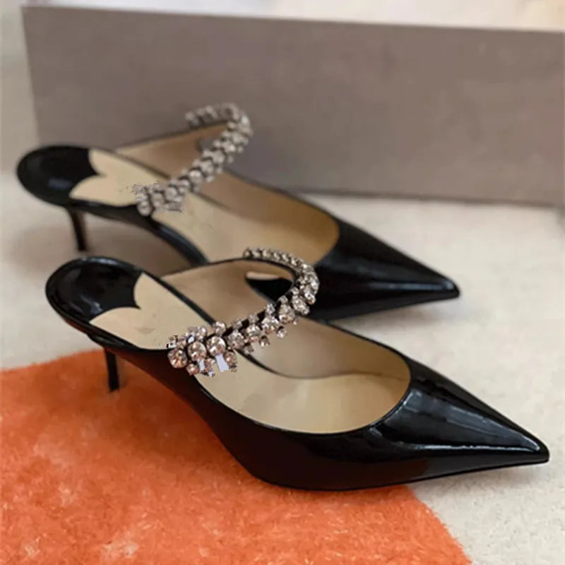 2026 New Fashionable Fine Heeled Muller Shoes with Pointed Water Diamond Chain Banquet Shallow Mouth Women's High Heel Sandals