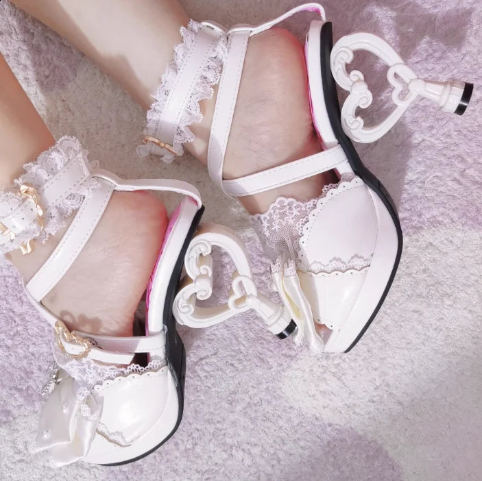 Sweet Cute Fashion Round Head Princess Lolita Shoes Women Summer New Kawaii Bow Lace Stitching Pink High Heels Girl Sandals