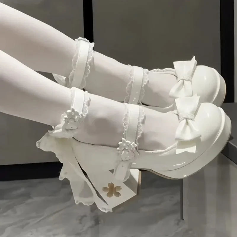 Lovely Girls Lolita Butterfly Knot High Heels Platform Shoes ,Young Women Students Cute sakura Wedding Dress Mary Janes