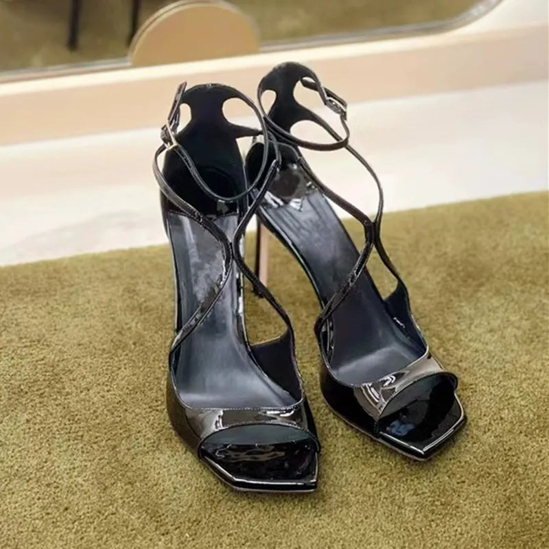 2026 Summer New Brand Patent Leather Women Gladiator Sandals Fashion Square Toe Stiletto High Heels Party Dress Shoes Sandalias