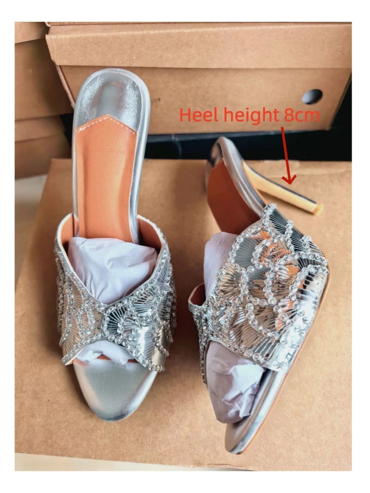 2026 New Gold Pineapple Sexy Rhinestone Fine High Heel Sandals Women's Outdoor Wear Glamorous Lady Executive Plus Size Slippers