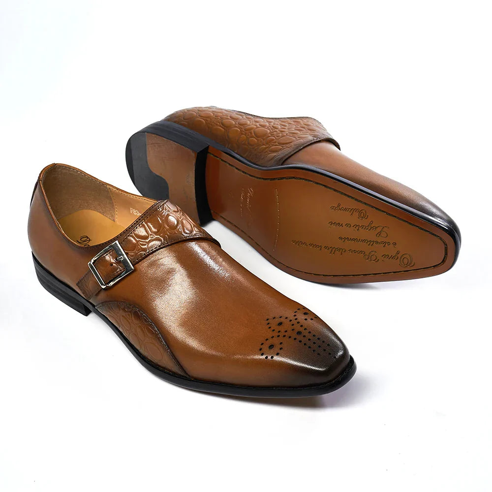Luxury Men's Genuine Leather Monk Strap Shoes Cowhide Business Office Formal Dress Shoes with Buckle Italian Style for Weddings