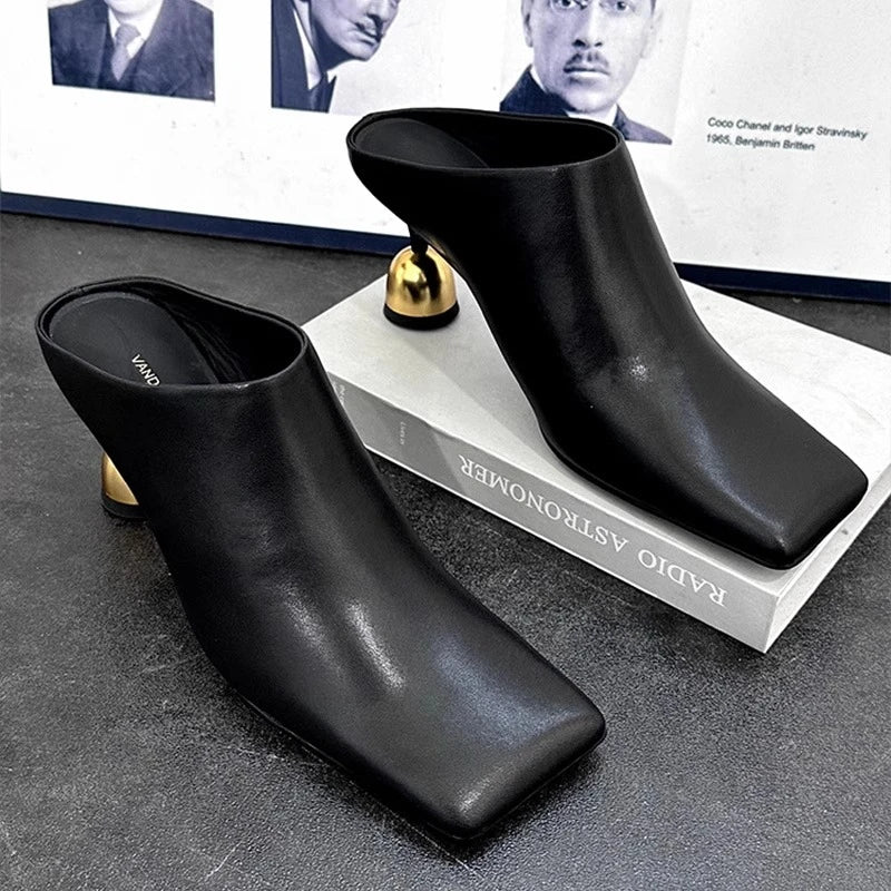 Retro Square Headed Wine Glasses and Slippers for Women in Summer 2025, New Style for Wearing Half Drag High Heels for Women