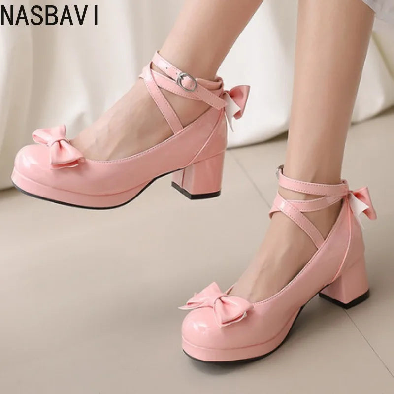 NASBAVI Lolita Platform High Heels Cross Strap Mary Jane Pumps Sweet Bow Women Shoes Purple Ladies Princess Thick Heel Shoes