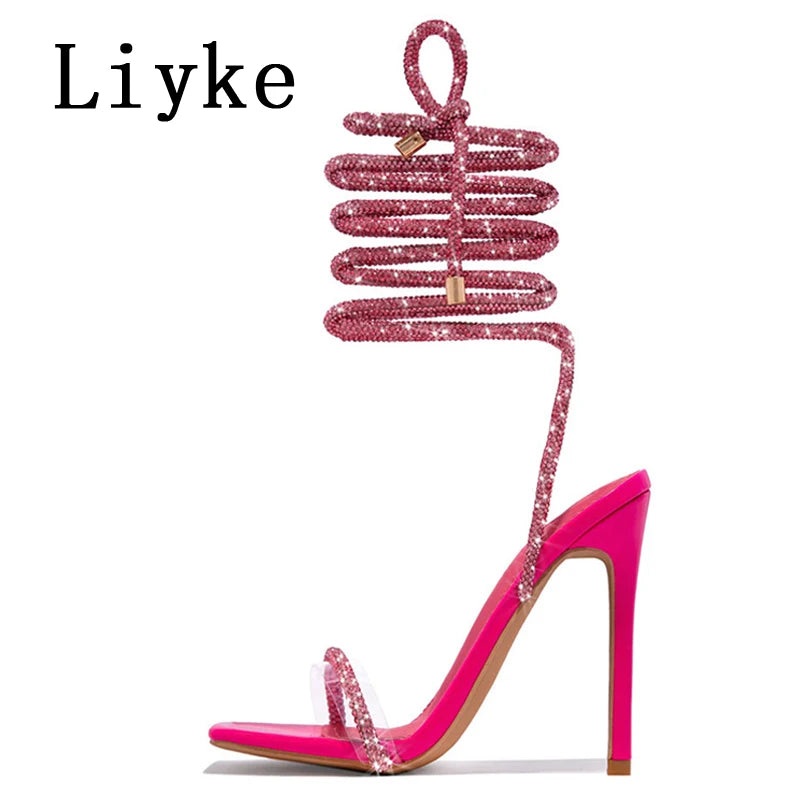 Liyke Fashion Glitter Rhinestones Women Sandals Crystal Ankle Strap High Heels Party Prom Shoes Lady Wedding Stiletto Sandalias