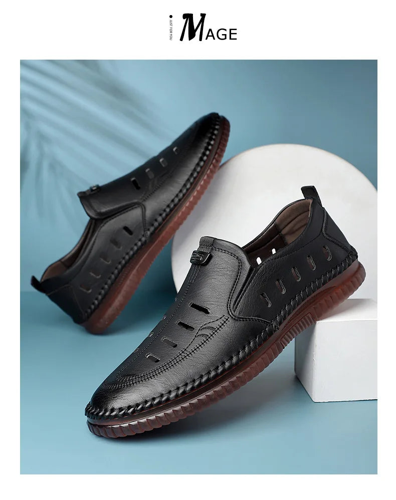 Solid Color Business Casual Shoes for Men Breathable Hallow Leather Sandals Male New Designer Fashion Summer Shoes Man