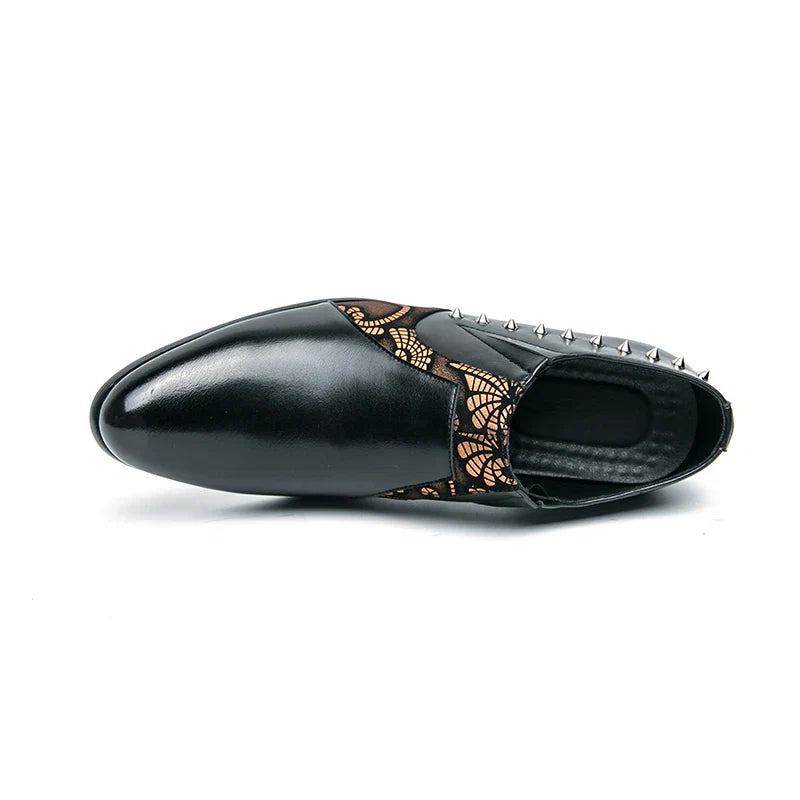 Black Leather Business Dress High Heel Men's Shoes Pointed Toe Slip-on Rivets Elegant Party Wedding Shoes Thick Bottom Plus Size