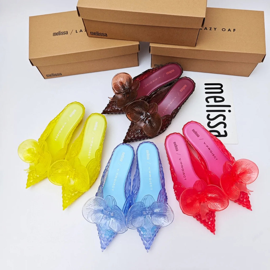 Design Big Butterfly Knot Slides Women Flat Mules Sandals High Quality Cozy PVC Transparent Sandals Pointed Toe Back Strap Shoes