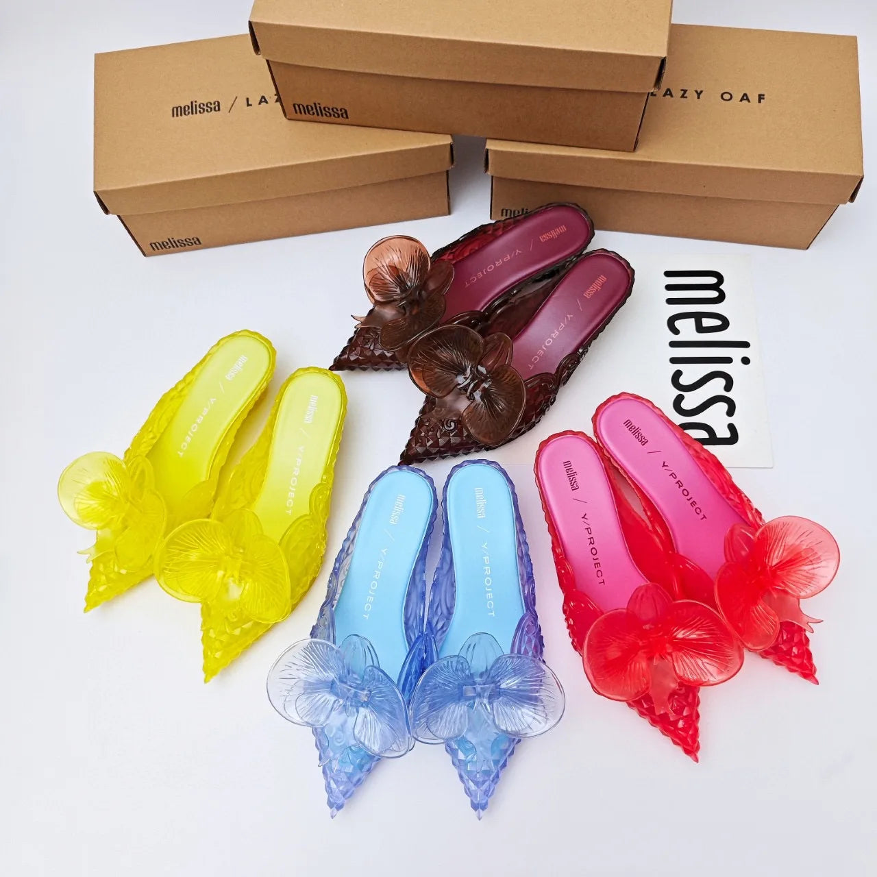 Design Big Butterfly Knot Slides Women Flat Mules Sandals High Quality Cozy PVC Transparent Sandals Pointed Toe Back Strap Shoes