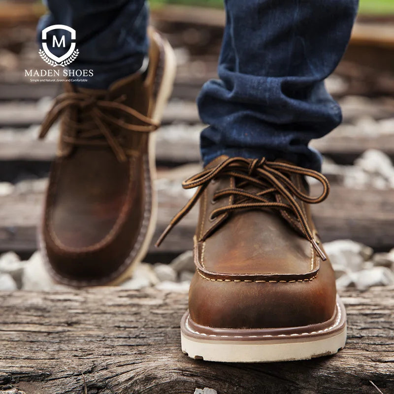 Maden Men's Vintage Dress Shoes Brown Round Toe Derby Shoes Casual Lace-up Low Top Work Boots for Office Business