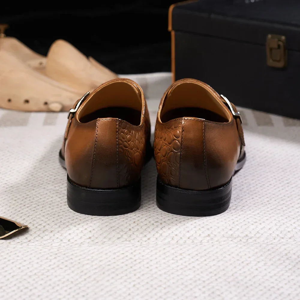 Luxury Men's Genuine Leather Monk Strap Shoes Cowhide Business Office Formal Dress Shoes with Buckle Italian Style for Weddings