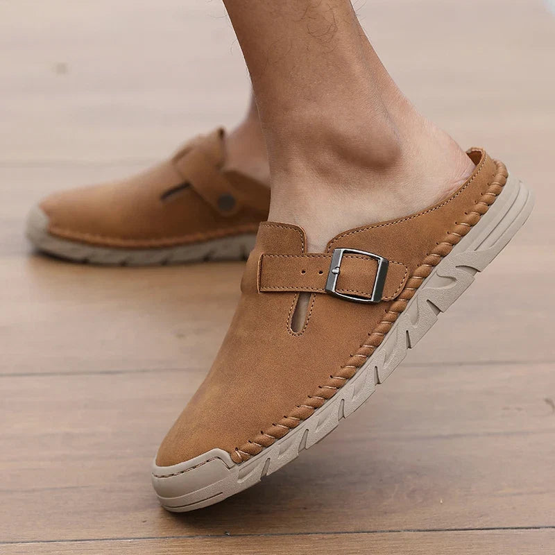 Business and Leisure Men's Mule Leather Loafers Soft Soled Driving Shoes Backless Slippers, Breathable Office Sandals, Plus Size