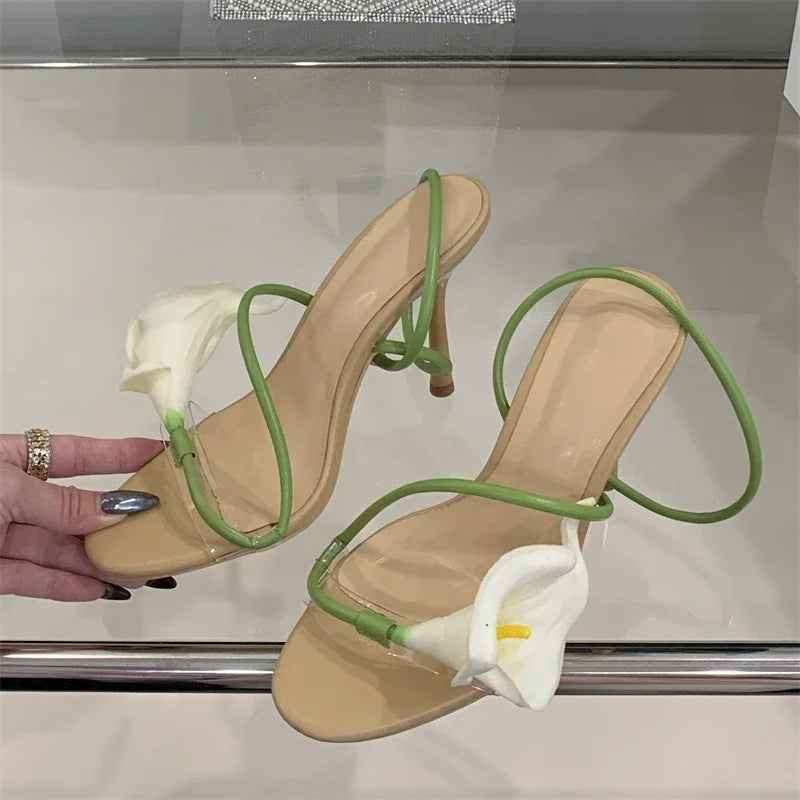 Eilyken Sexy PVC Transparent Flower Narrow Band Women Sandals Street Style Open Toe Thin High Heels Party Prom Shoes