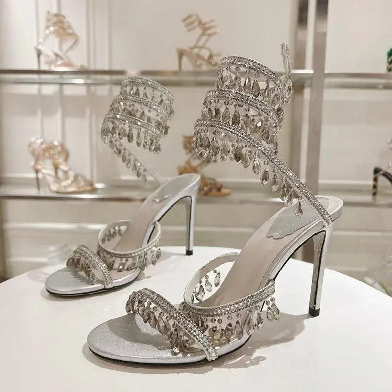 Luxury High Heels Sandals Women Crystal Pendant Snake Twine Around Ankle Strap Wedding Shoes Summer Bohemian Sandals Woman