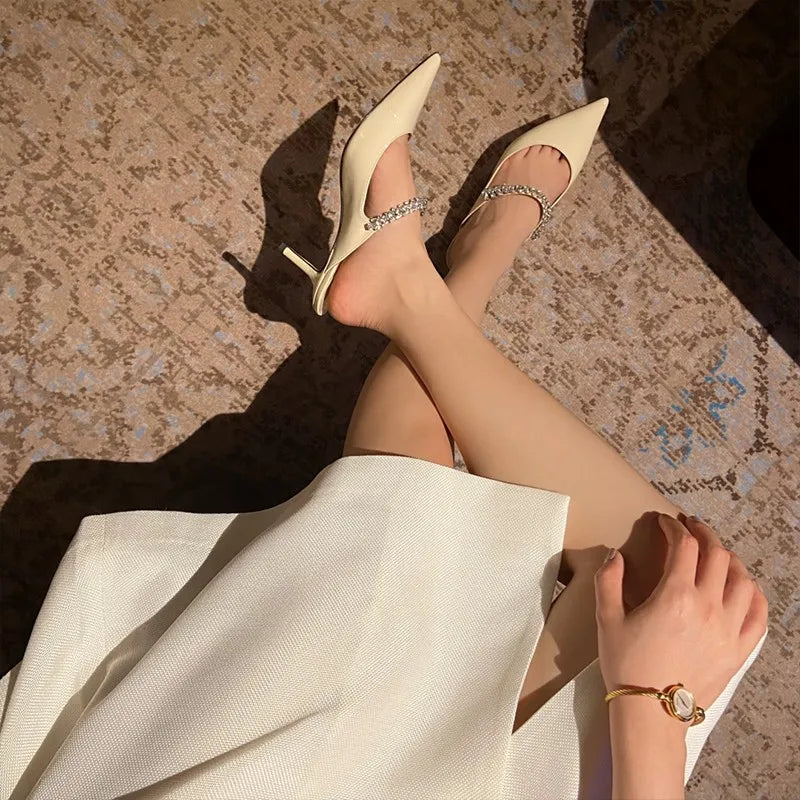 Elegant Leather Mules Pointed Toe Stylish Rhinestone Embellished High Heel Sandals Sophisticated Party Evening Shoes Footwear