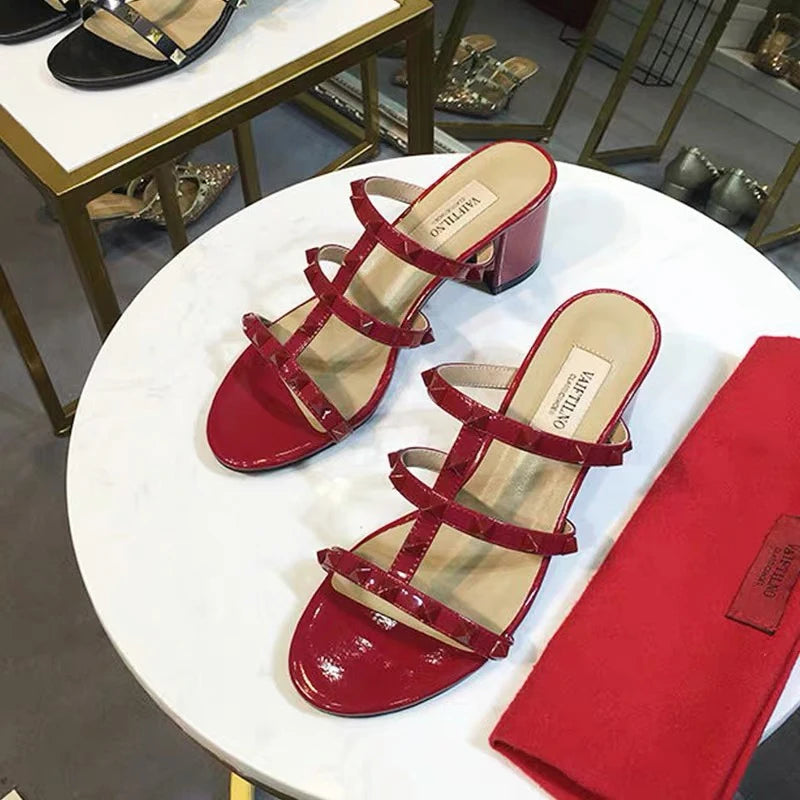 Luxury Women's Shoes Gladiator Shoes Woman 2026 Trend for Women's Sandals Summer Slippers Chunky Heel Leather Rivets High Heels