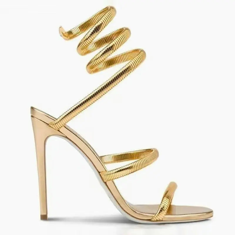 2026 Summer New Gold One-Line Strappy Sandals Women Snake Wrapped Sexy Square Head High Heels Stiletto Party Shoes