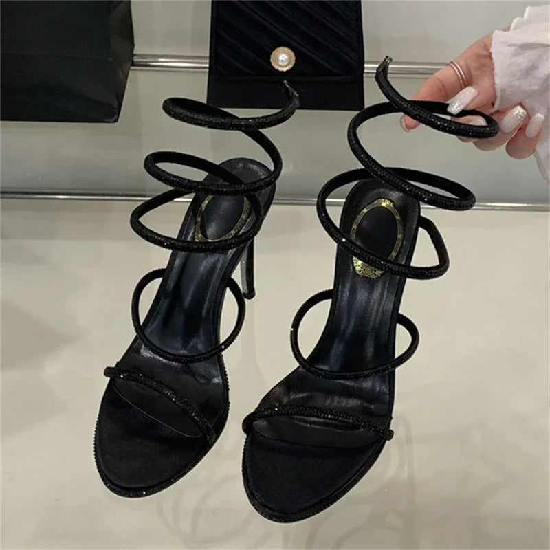 Aneikeh Glitter Crystal Snake Wrapped Sandals Women's Summer Fashion Sexy Rhinestone Thin Heel High Heels Party Prom Shoes