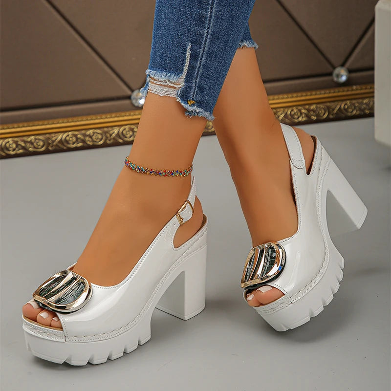 Vintage Platform High Heel Sandals Women Ankle Strap Slingbacks Summers Shoes Woman 2026 Metal Detor Plus Size 43 Sandals Ladies