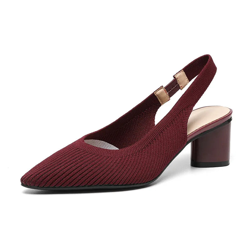 Sandals for Women Heels Knitted Rear Empty Strap Fashion Sandals Pointed Head Shallow Mouth Side Empty Daily Thick Heel Sandals