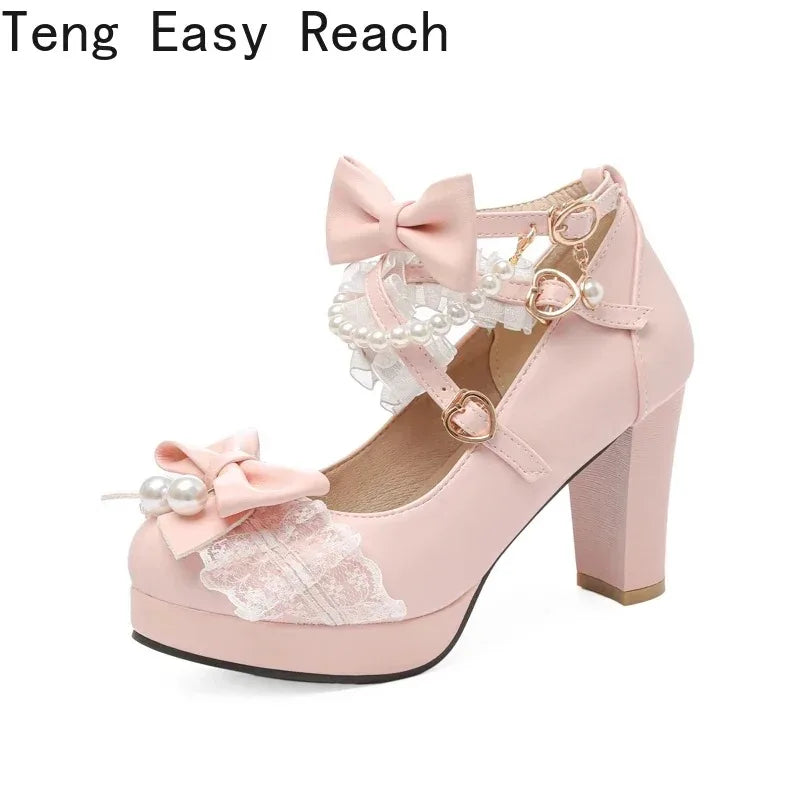 Cross Strap Women High Heels Mary Jane Pumps Party Wedding Cosplay White Pink Black Strawberry Bow Princess 2025 Lolita Shoes