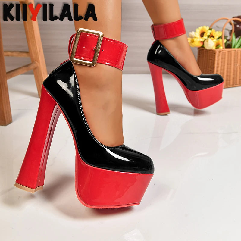 Women Fashion Platform Pumps 5.5cm Height 4cm Wide Gold Belt Buckle Strap Party Shoes 16.5cm Chunky Heels Dance Footwear Size 50