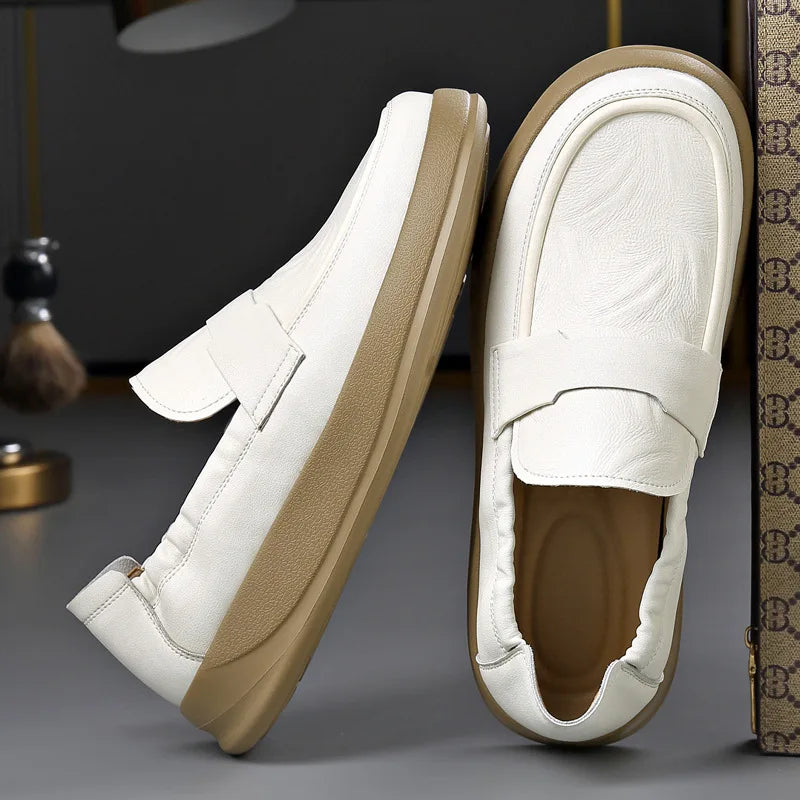 Spring Summer New Genuine Leather Shoes Men Solid Color Fashion Loafers Male Soft Sole Anti-slip Height-increasing Loafers Man