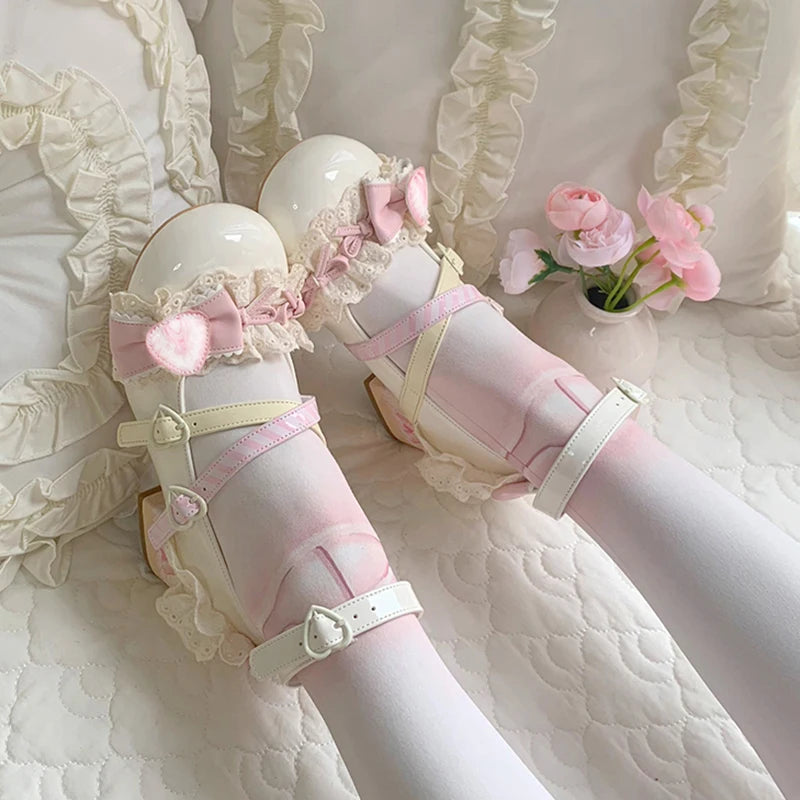 Sweet Girls Lolita High Heels Shoes ,Young Women Students Cute Lace Strawberry Bowknots Ankle Strap Mary Janes