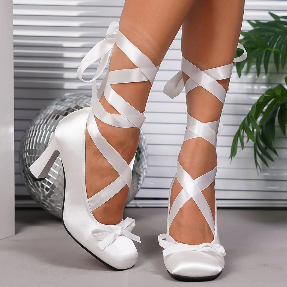 Brand Designers Women's Sweet Pink High Heels Cross Strap Pumps Black Riband Satin Ballet White Party Wedding Shoes Big Size 43