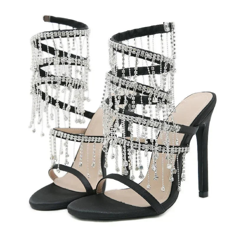 Eilyken Golden Crystal Rhinestone Women's Sandals Fashion String Bead Nightclub Stiletto Heel Wrap Strap Peep Toe Summer Shoes