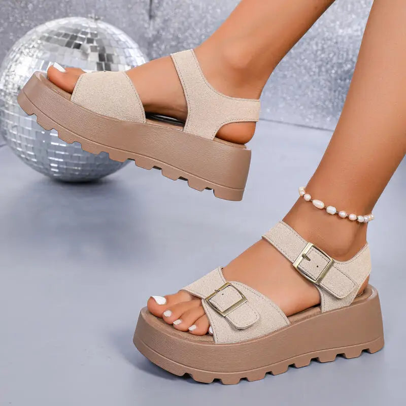 Classic Suede Metal Buckle Thick Bottom Sandals Women Summer 2026 Soft Platform Wedge Heel Sandals Plus Size Woman's Beach Shoes