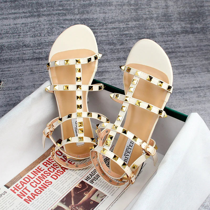 summer women's sandals ladies casual flat shoes simple style Fashion rivet design walking and shopping Large size 41-43