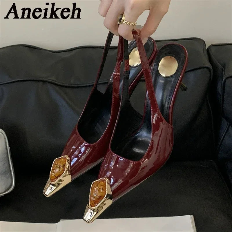 Aneikeh Street Style Design Metal Square Head Diamonds Woman Pumps Sandals Elegant Sexy Low-heel Banquet Prom Slingbacks Shoes