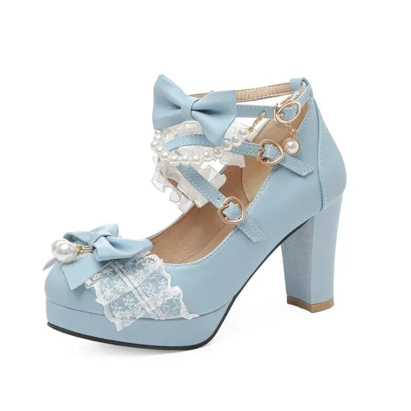 Cross Strap Women High Heels Mary Jane Pumps Party Wedding Cosplay White Pink Black Strawberry Bow Princess 2025 Lolita Shoes